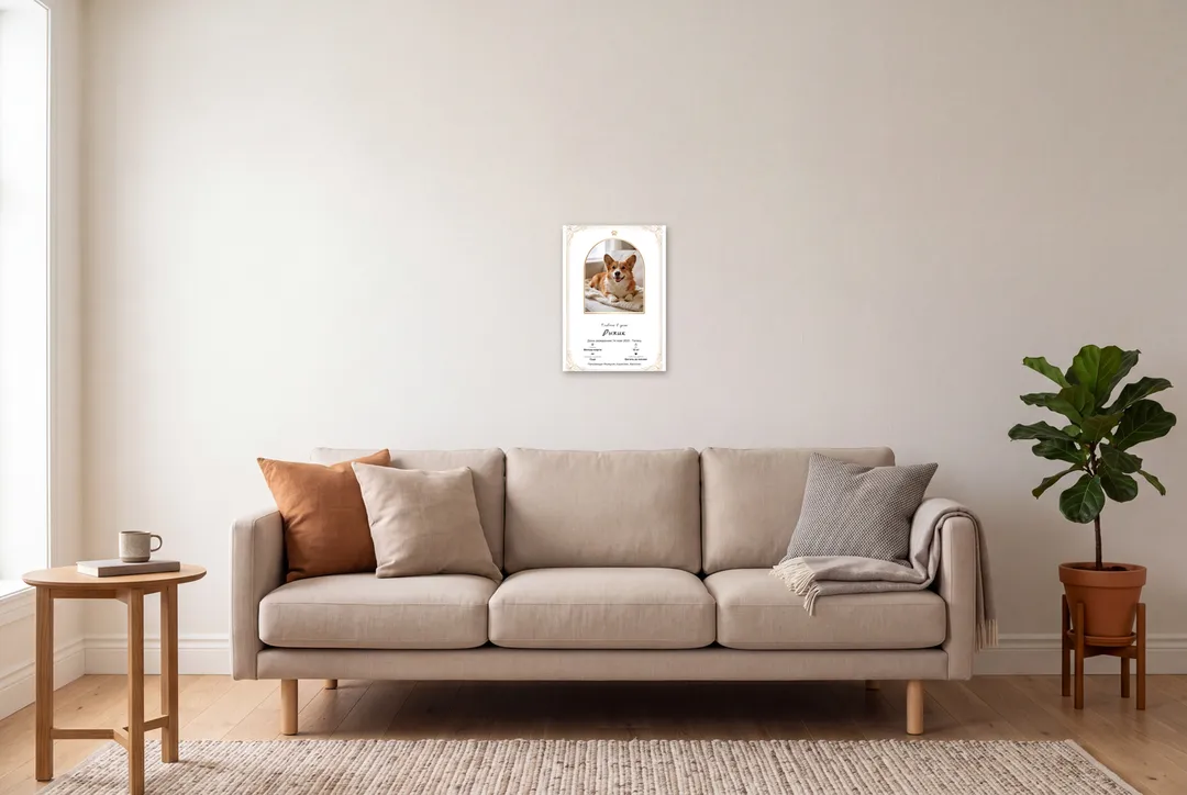 Постер «Паспорт питомца» в интерьере: гостиная, длинная стена